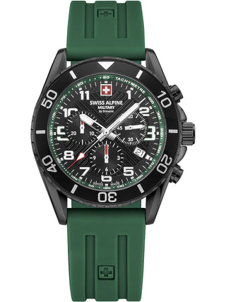 Angle shot of Swiss Alpine Military Chronograph 7029.9874 Green Silicone Unisex Watch on white background