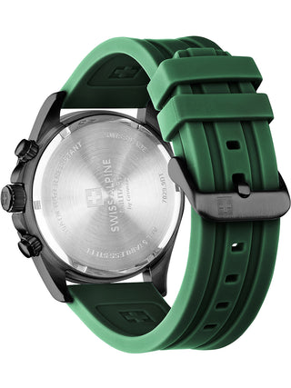 Angle shot of Swiss Alpine Military Chronograph 7029.9874 Black Dial Green Silicone Unisex Watch on white background