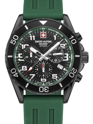 Front view of Swiss Alpine Military Chronograph 7029.9874 Black Dial Green Silicone Unisex Watch on white background