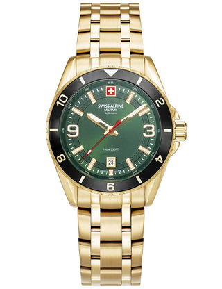 Angle shot of Swiss Alpine Military 7034.1118 Green Dial Gold Stainless Steel Unisex Watch on white background