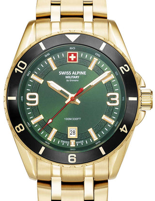 Front view of Swiss Alpine Military 7034.1118 Green Dial Gold Stainless Steel Unisex Watch on white background