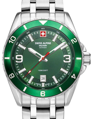 Front view of Swiss Alpine Military 7034.1134 Green Dial Silver Stainless Steel Unisex Watch on white background