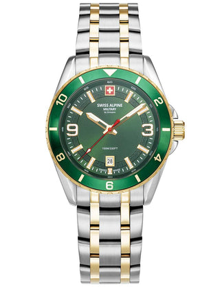 Angle shot of Swiss Alpine Military 7034.1144 Green Dial Gold Stainless Steel Unisex Watch on white background
