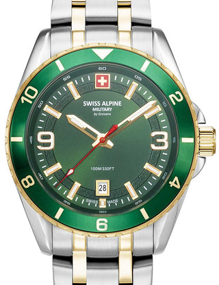 Front view of Swiss Alpine Military 7034.1144 Green Dial Gold Stainless Steel Unisex Watch on white background