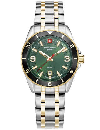 Angle shot of Swiss Alpine Military 7034.1148 Green Dial Gold Stainless Steel Unisex Watch on white background