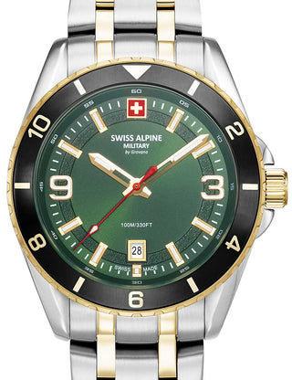 Front view of Swiss Alpine Military 7034.1148 Green Dial Gold Stainless Steel Unisex Watch on white background