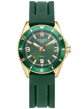 Angle shot of Swiss Alpine Military 7034.1814 Green Silicone Unisex Watch on white background