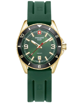 Angle shot of Swiss Alpine Military 7034.1818 Green Silicone Unisex Watch on white background