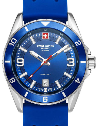 Front view of Swiss Alpine Military 7034.1835 Blue Silicone Unisex Watch on white background