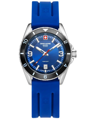 Angle shot of Swiss Alpine Military 7034.1836 Blue Silicone Unisex Watch on white background