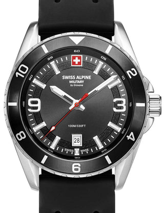 Front view of Swiss Alpine Military 7034.1837 Black Silicone Unisex Watch on white background