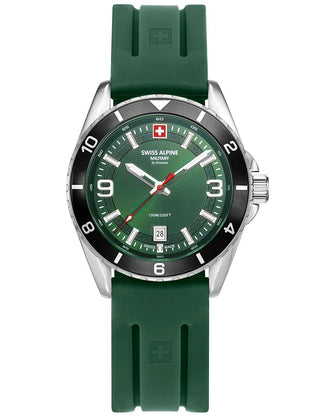 Angle shot of Swiss Alpine Military 7034.1838 Green Silicone Unisex Watch on white background