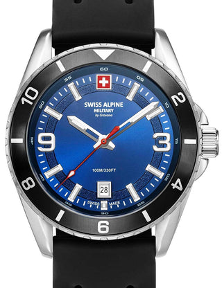 Front view of Swiss Alpine Military 7034.1839 Blue Dial Black Silicone Unisex Watch on white background