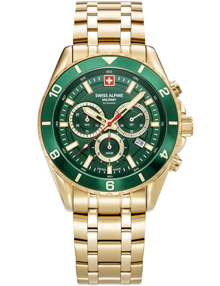 Front view of Swiss Alpine Military Chronograph 7034.9114 Green Dial Gold Stainless Steel Unisex Watch on white background
