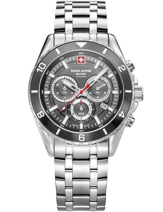 Front view of Swiss Alpine Military Chronograph 7034.9132 Grey Dial Silver Stainless Steel Unisex Watch on white background