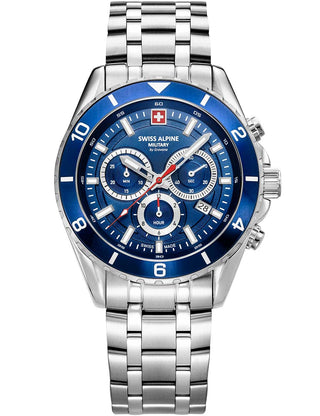 Front view of Swiss Alpine Military Chronograph 7034.9135 Blue Dial Silver Stainless Steel Unisex Watch on white background