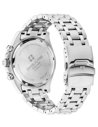 Angle shot of Swiss Alpine Military Chronograph 7034.9136 Blue Dial Silver Stainless Steel Unisex Watch on white background
