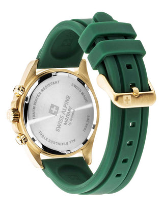 Angle shot of Swiss Alpine Military Chronograph 7034.9814 Green Silicone Unisex Watch on white background