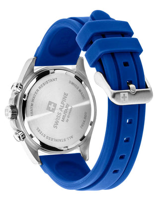 Angle shot of Swiss Alpine Military Chronograph 7034.9836 Blue Silicone Unisex Watch on white background