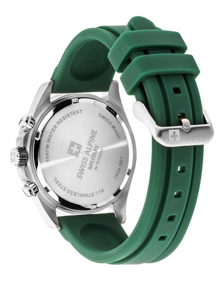 Angle shot of Swiss Alpine Military Chronograph 7034.9838 Green Silicone Unisex Watch on white background