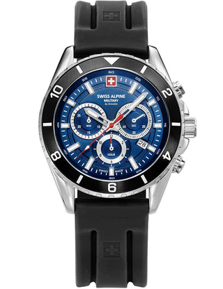 Front view of Swiss Alpine Military Chronograph 7034.9839 Blue Dial Black Silicone Unisex Watch on white background