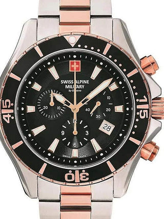Front view of Swiss Alpine Military Chronograph 7040.9157 Black Dial Rose Gold Stainless Steel Unisex Watch on white background