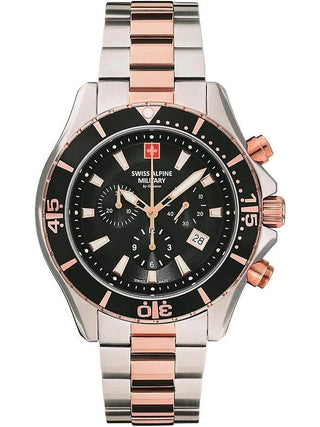 Angle shot of Swiss Alpine Military Chronograph 7040.9157 Black Dial Rose Gold Stainless Steel Unisex Watch on white background