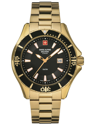 Angle shot of Swiss Alpine Military 7040.1117 Black Dial Gold Stainless Steel Unisex Watch on white background