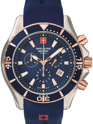 Front view of Swiss Alpine Military Chronograph 7040.9855 Blue Silicone Unisex Watch on white background