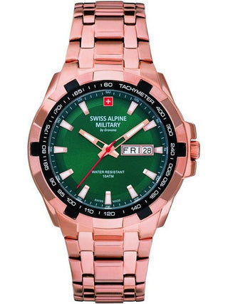 Angle shot of Swiss Alpine Military 7043.1164 Green Dial Rose Gold Stainless Steel Unisex Watch on white background