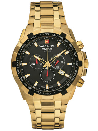Angle shot of Swiss Alpine Military Chronograph 7043.9117 Black Dial Gold Stainless Steel Unisex Watch on white background