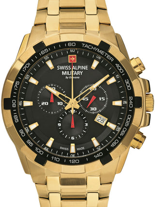 Front view of Swiss Alpine Military Chronograph 7043.9117 Black Dial Gold Stainless Steel Unisex Watch on white background