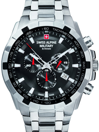 Front view of Swiss Alpine Military Chronograph 7043.9137 Black Dial Silver Stainless Steel Unisex Watch on white background