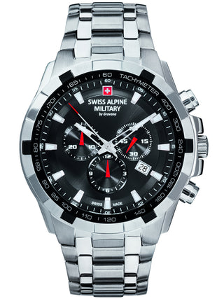 Angle shot of Swiss Alpine Military Chronograph 7043.9137 Black Dial Silver Stainless Steel Unisex Watch on white background