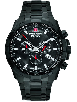 Angle shot of Swiss Alpine Military Chronograph 7043.9177 Black Stainless Steel Unisex Watch on white background