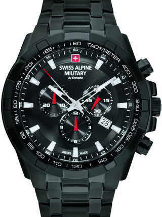 Front view of Swiss Alpine Military Chronograph 7043.9177 Black Stainless Steel Unisex Watch on white background