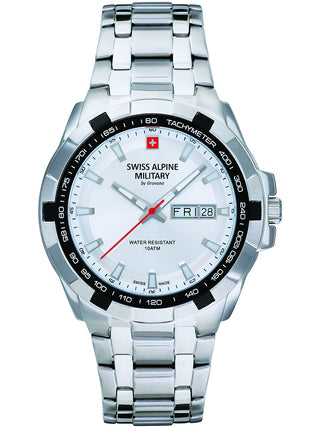 Angle shot of Swiss Alpine Military 7043.1132 Silver Stainless Steel Unisex Watch on white background