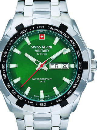 Front view of Swiss Alpine Military 7043.1134 Green Dial Silver Stainless Steel Unisex Watch on white background