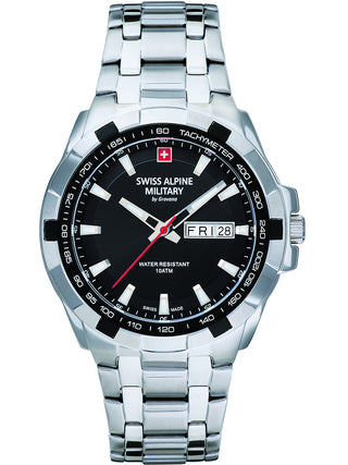 Angle shot of Swiss Alpine Military 7043.1137 Black Dial Silver Stainless Steel Unisex Watch on white background