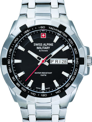 Front view of Swiss Alpine Military 7043.1137 Black Dial Silver Stainless Steel Unisex Watch on white background