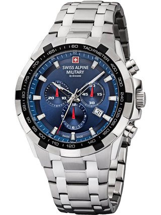 Angle shot of Swiss Alpine Military Chronograph 7043.9235 Blue Dial Silver Stainless Steel Unisex Watch on white background