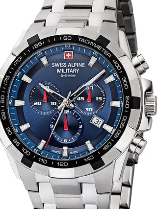 Front view of Swiss Alpine Military Chronograph 7043.9235 Blue Dial Silver Stainless Steel Unisex Watch on white background