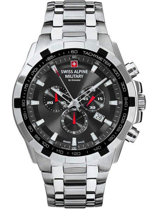 Angle shot of Swiss Alpine Military Chronograph 7043.9237 Black Dial Silver Stainless Steel Unisex Watch on white background