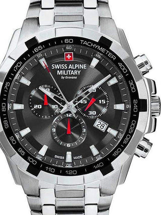 Front view of Swiss Alpine Military Chronograph 7043.9237 Black Dial Silver Stainless Steel Unisex Watch on white background