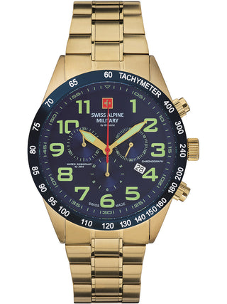 Angle shot of Swiss Alpine Military Chronograph 7047.9115 Blue Dial Gold Stainless Steel Unisex Watch on white background