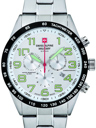 Front view of Swiss Alpine Military Chronograph 7047.9132 Silver Stainless Steel Unisex Watch on white background