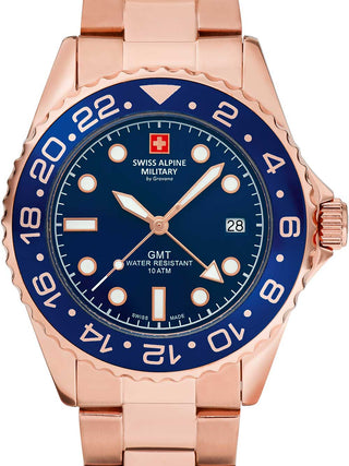 Front view of Swiss Alpine Military 7052.1165 Blue Dial Rose Gold Stainless Steel Unisex Watch on white background