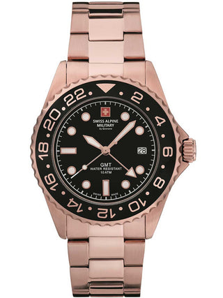 Angle shot of Swiss Alpine Military 7052.1167 Black Dial Rose Gold Stainless Steel Unisex Watch on white background