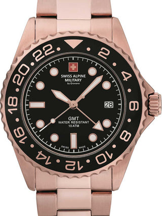 Front view of Swiss Alpine Military 7052.1167 Black Dial Rose Gold Stainless Steel Unisex Watch on white background
