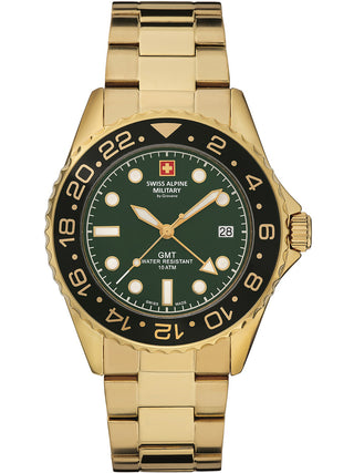 Angle shot of Swiss Alpine Military 7052.1114 Green Dial Gold Stainless Steel Unisex Watch on white background